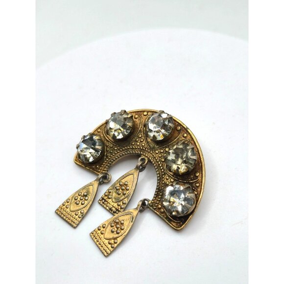 Antique Austro-Hungarian Brass Brooch c.1910 • Sawtooth Settings • Dangles - Picture 2 of 5